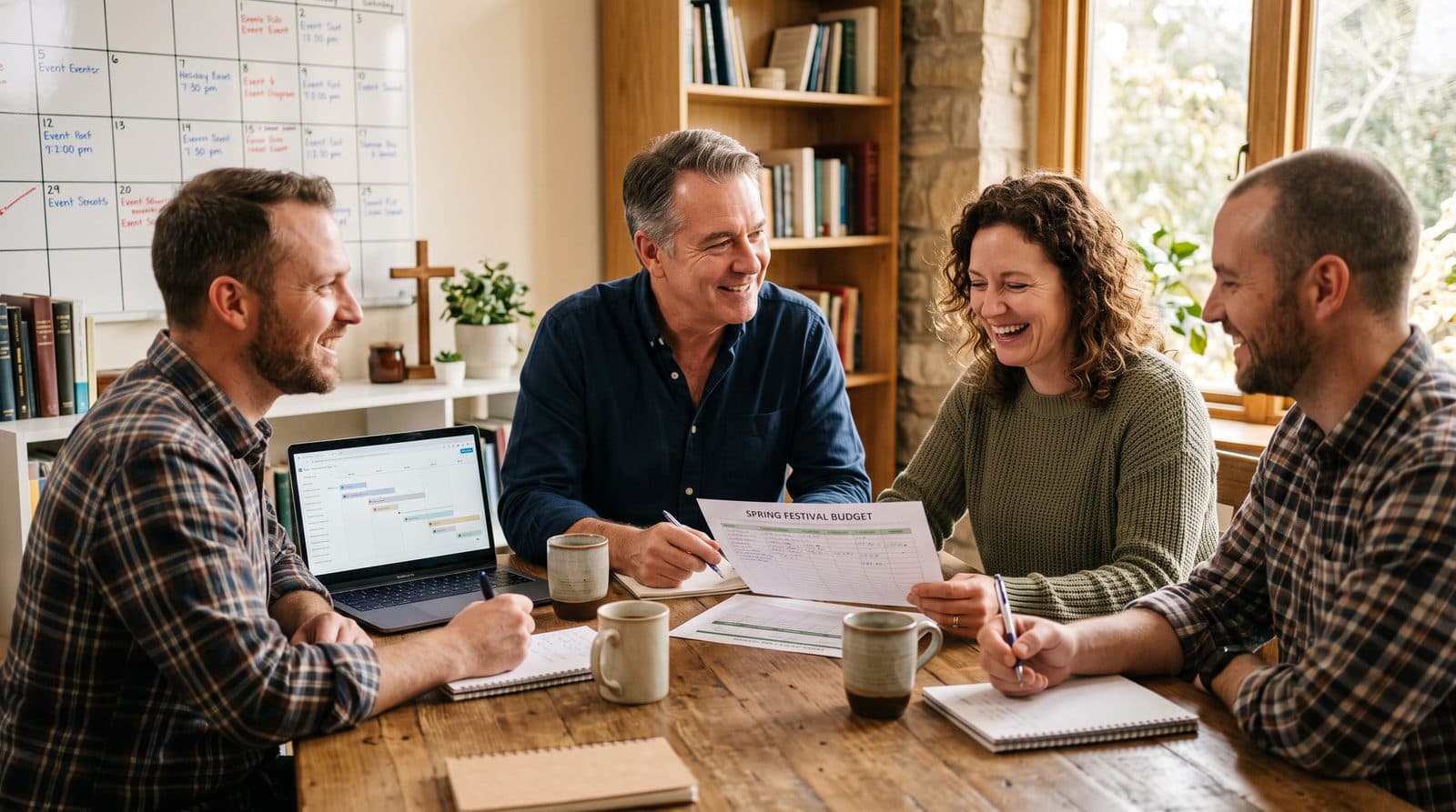 A church event team laughing around a table with a printed event budget, coffee mugs, a laptop and a wall calendar