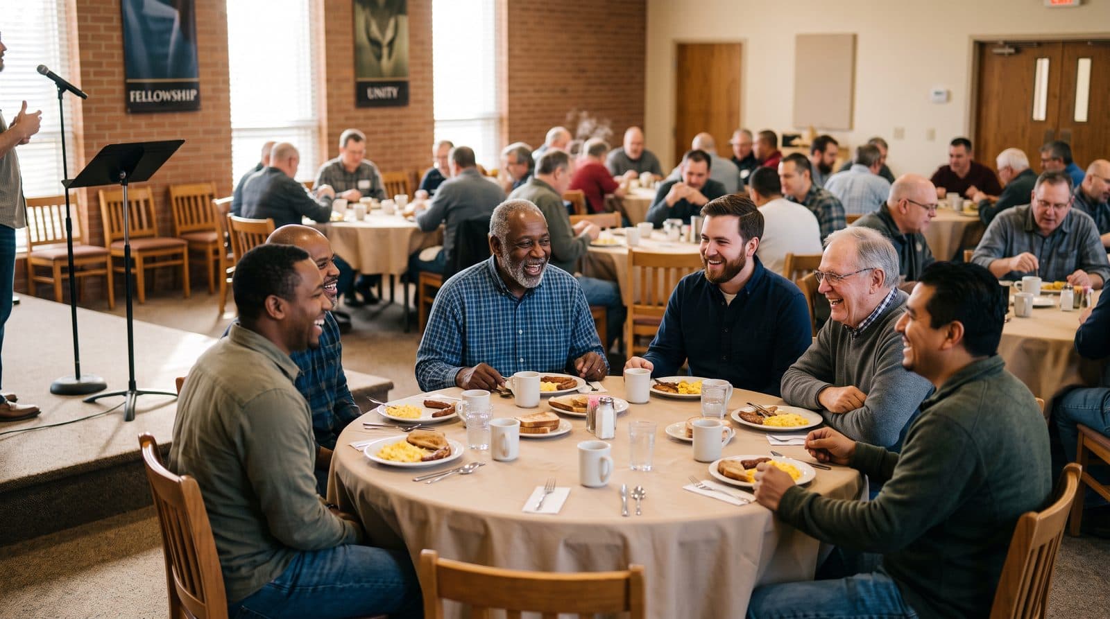 Men laughing together around breakfast tables in a church fellowship hall