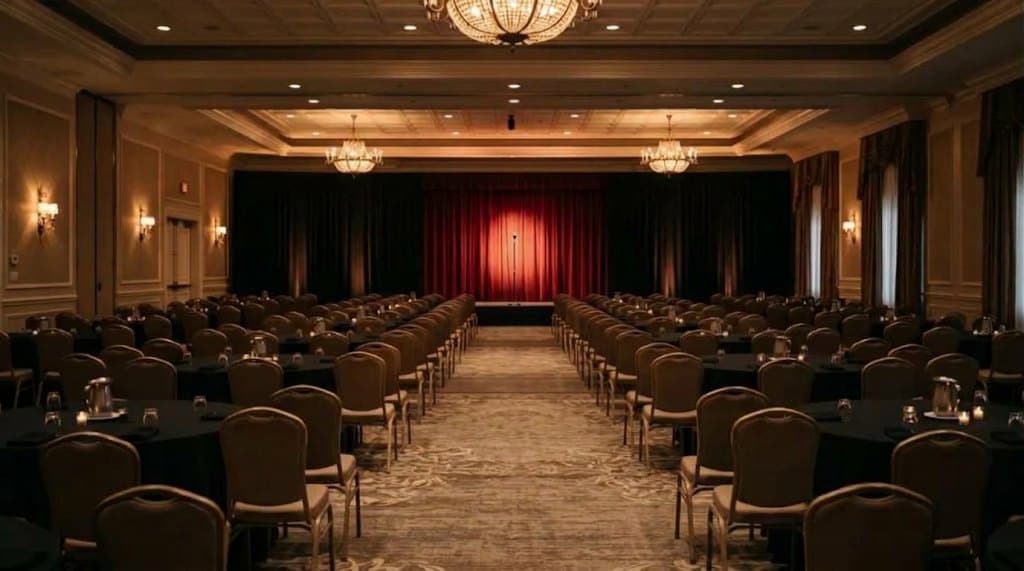 A room set for a comedy show: a microphone in a spotlight on stage, with chairs and tables facing it